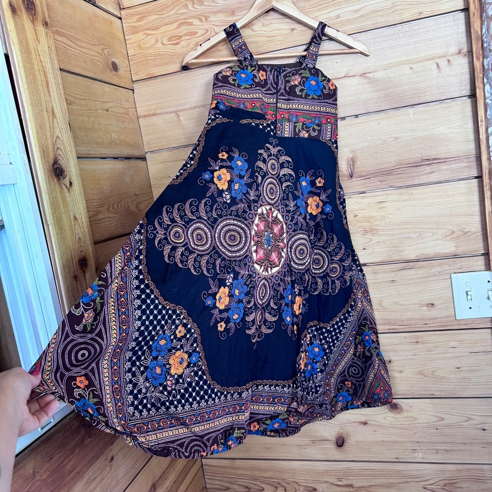 Vintage Cotton Sundress Girls Large Navy Blue Mandala Floral Boho Handmade